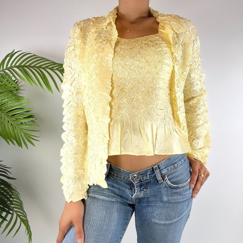 Vintage Y2K Yellow Cottagecore Coquette Cardigan & Crop Tank Top Set / Size: M